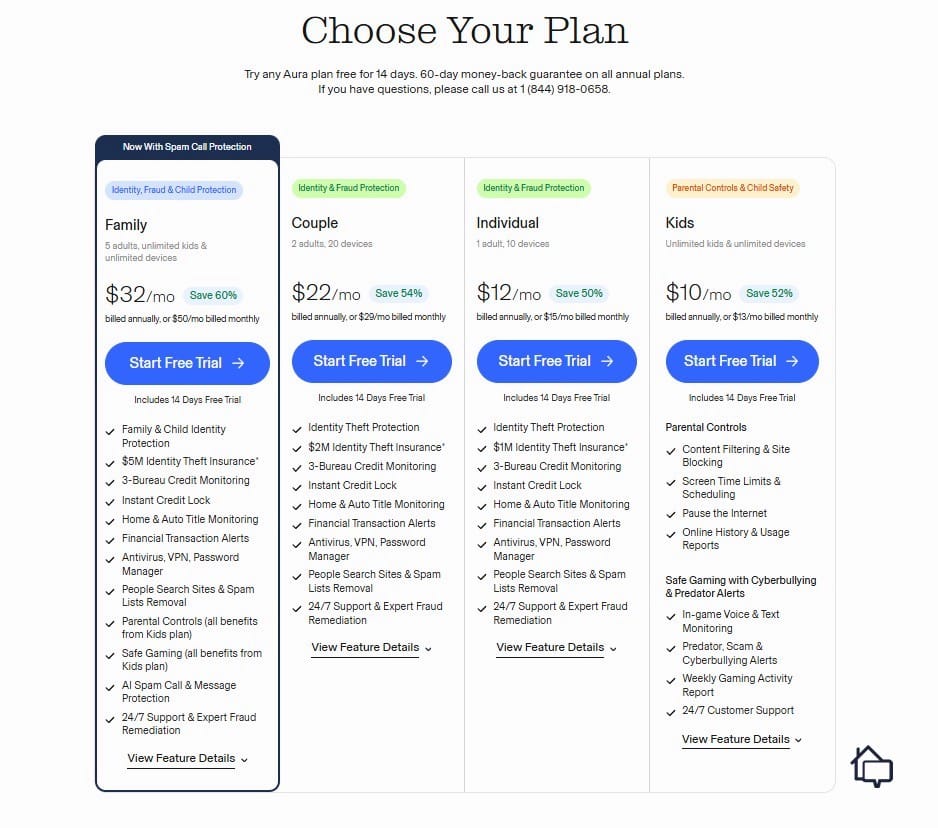 Aura’s Individual, Couple, Family, and Kids plans.