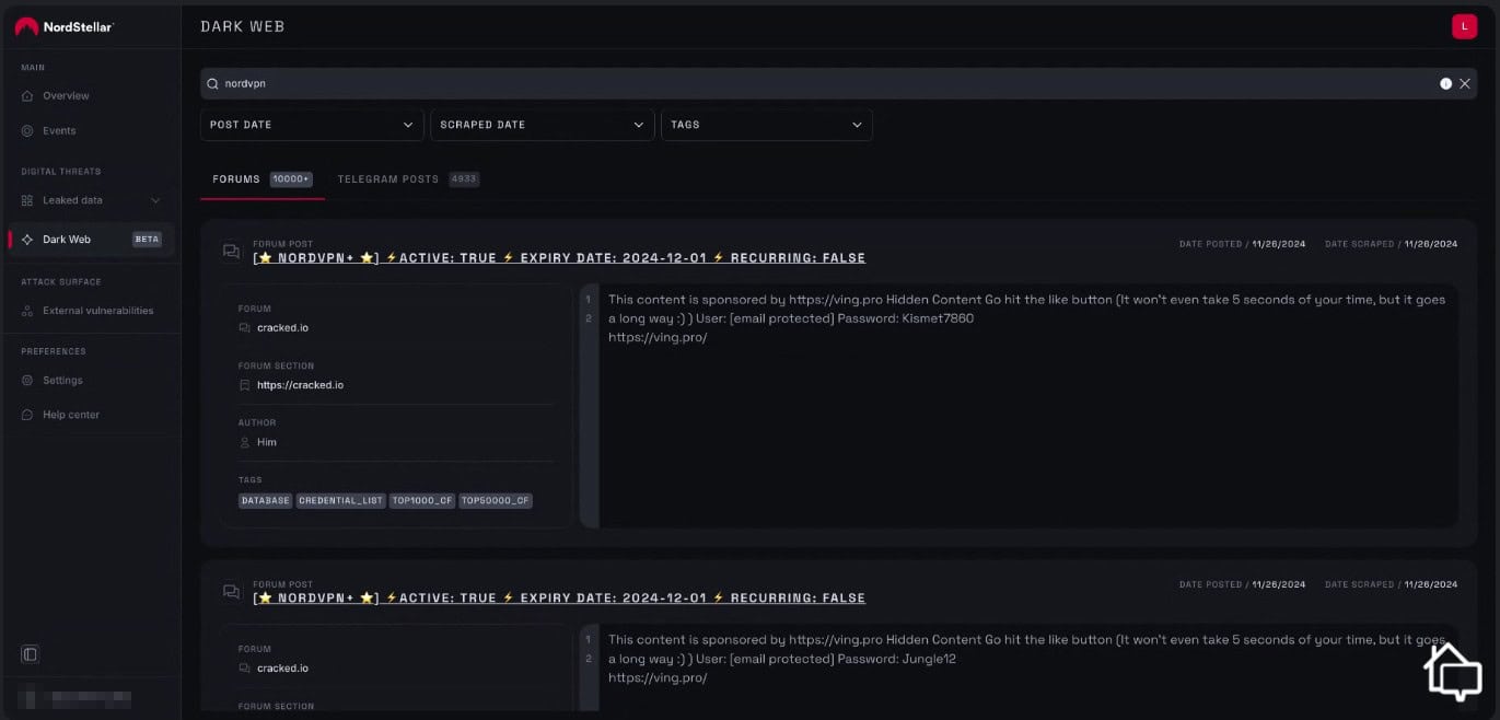 NordStellar let us search for leaked data and stolen accounts with any keyword we wanted.